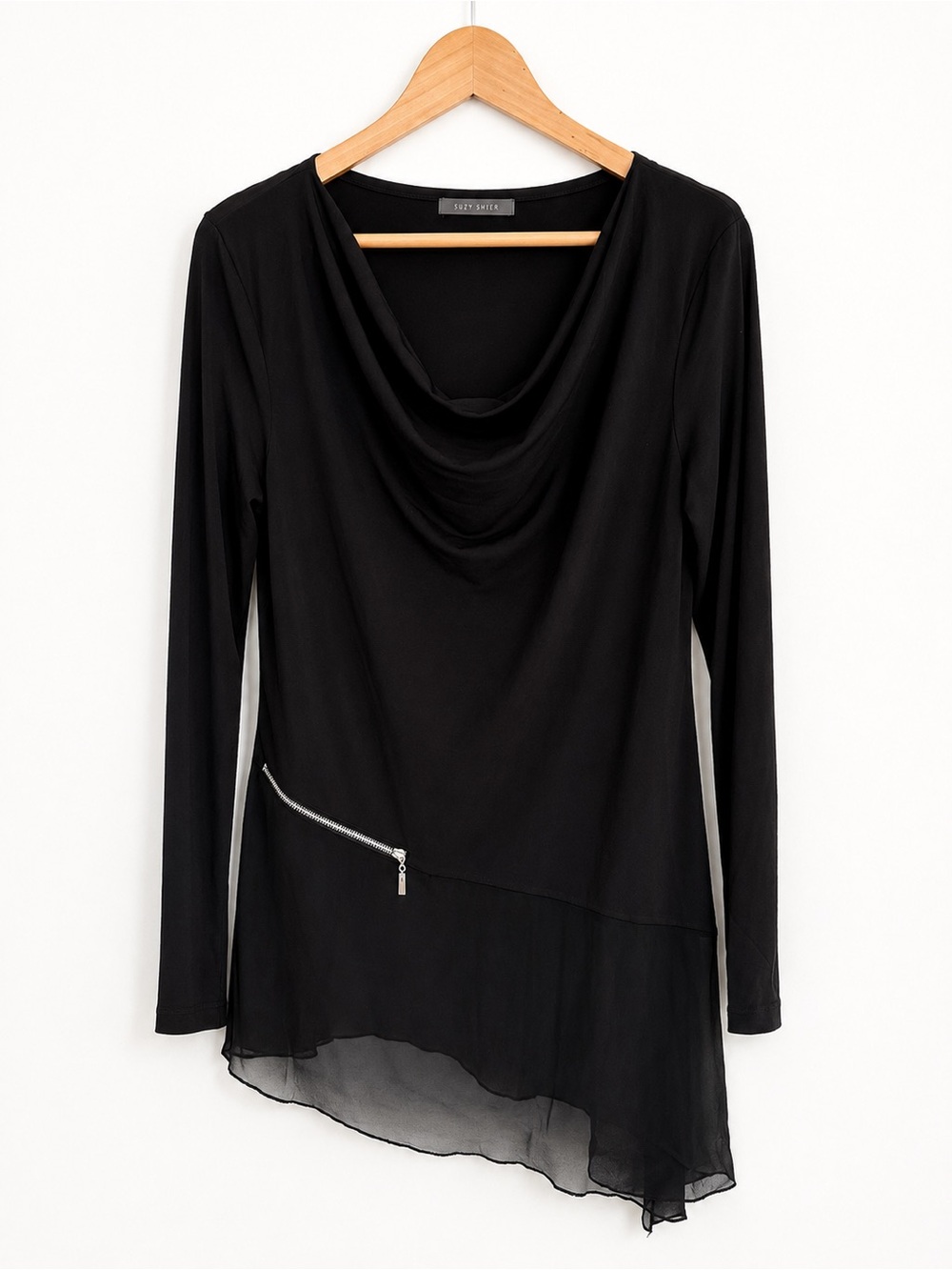 Suzy Shier Black Asymmetrical Tunic Top | Chiffon Hem | Size Medium
